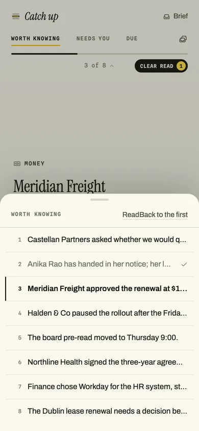 The headline list, opened from the counter: one number and one headline per row, the read one ticked, the current one marked.
